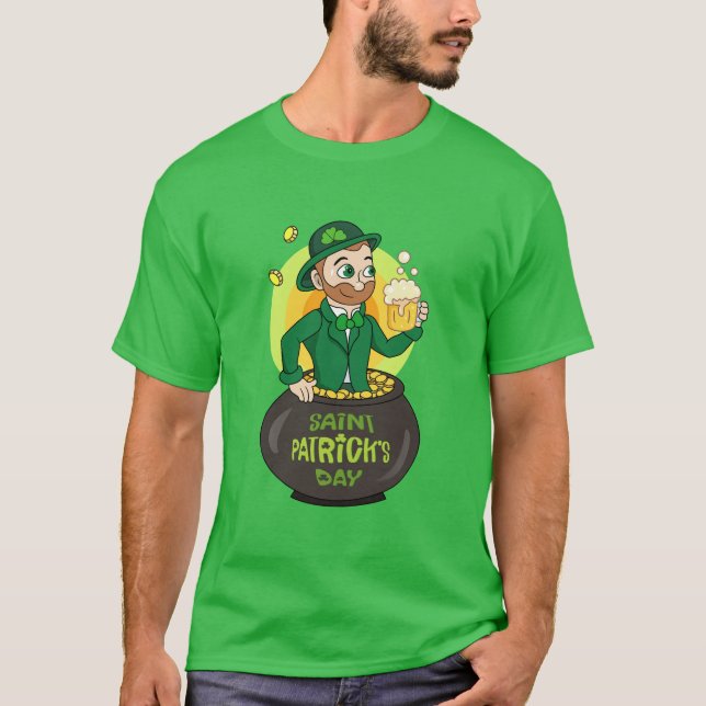 Cartoon leprechaun in a pot of gold holding a pint T-Shirt (Front)