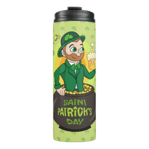 Cartoon leprechaun in a pot of gold holding a pint thermal tumbler