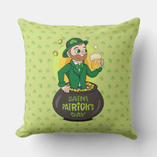 Cartoon leprechaun in a pot of gold holding a pint throw pillow