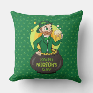Cartoon leprechaun in a pot of gold holding a pint throw pillow