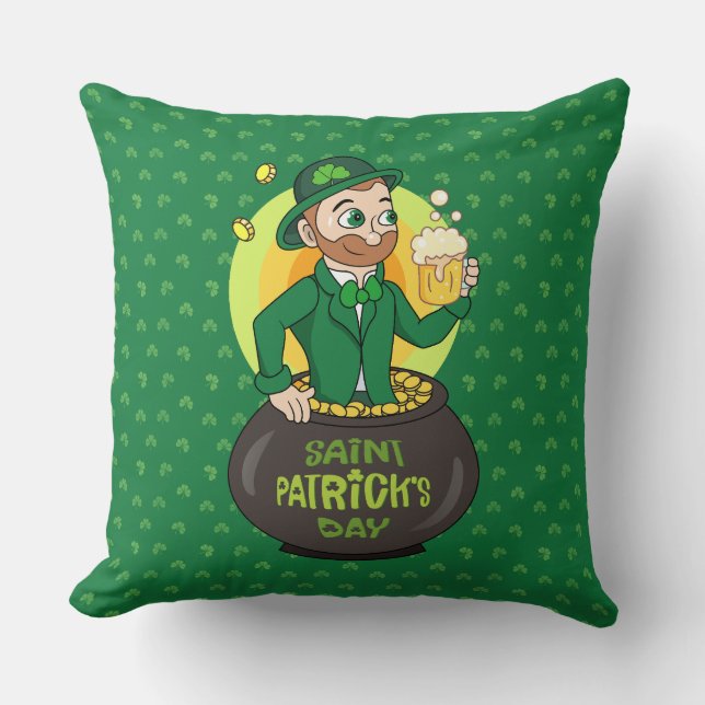 Cartoon leprechaun in a pot of gold holding a pint throw pillow (Front)