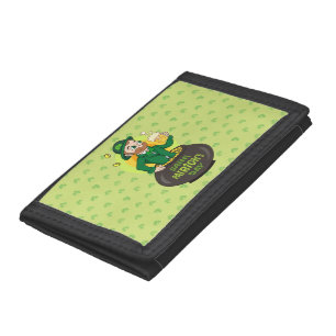 Cartoon leprechaun in a pot of gold holding a pint tri-fold wallet