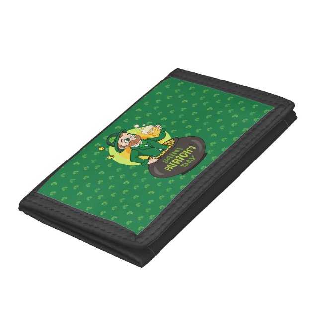 Cartoon leprechaun in a pot of gold holding a pint trifold wallet (Bottom)