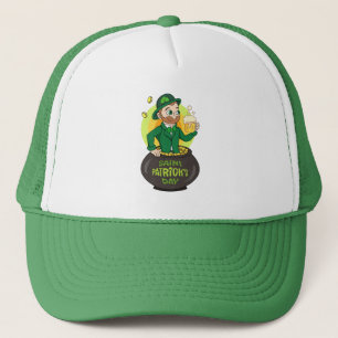 Cartoon leprechaun in a pot of gold holding a pint trucker hat