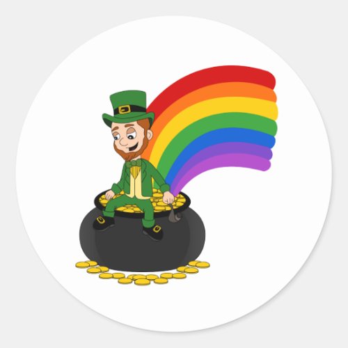 Cartoon leprechaun sitting on a pot of gold classic round sticker