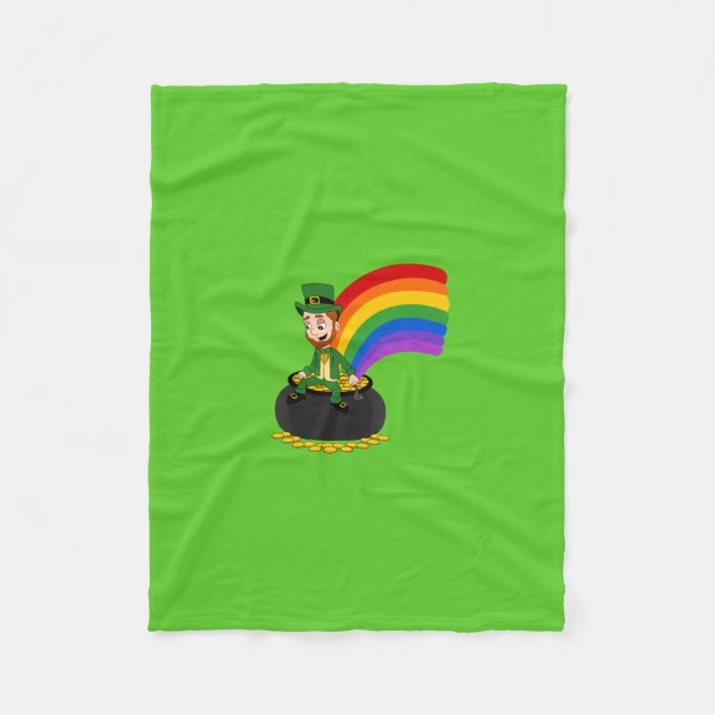 Cartoon leprechaun sitting on a pot of gold fleece blanket (Front)