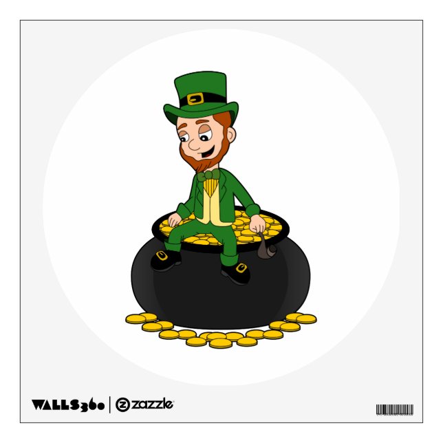 Cartoon leprechaun sitting on a pot of gold wall decal (Front)