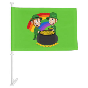 Cartoon leprechauns with pot of gold car flag