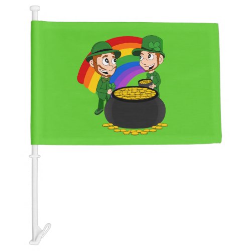 Cartoon leprechauns with pot of gold car flag