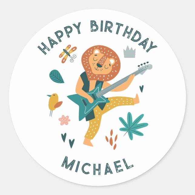 Cartoon Lion & Guitar Classic Round Sticker (Front)