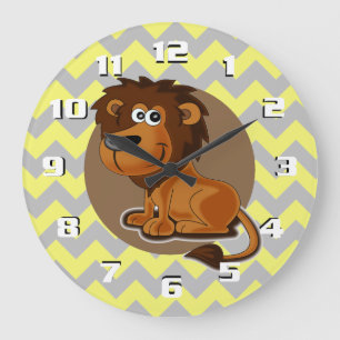 Cartoon Lion on Chevron Pattern Cute Nursery Large Clock