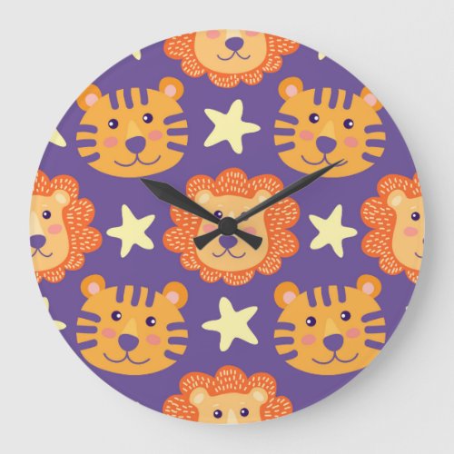 Cartoon Lions  Tigers Vintage Large Clock