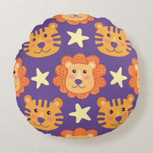 Cartoon Lions  Tigers Vintage Round Pillow