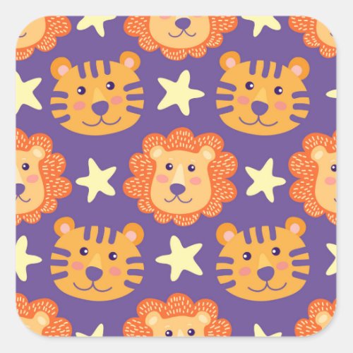 Cartoon Lions  Tigers Vintage Square Sticker