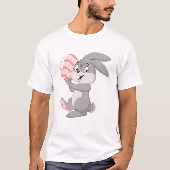 Cartoon Little Bunny Holding Easter Egg Bunnies Ea T-Shirt (Front)