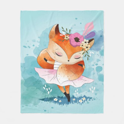 Cartoon Little Fox  Lovely Fox Floral Fleece Blanket