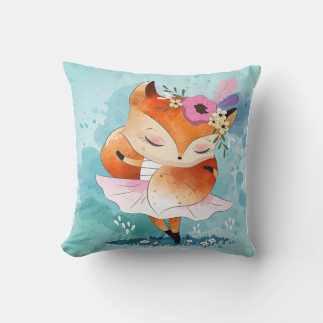 Cartoon Little Fox | Lovely Fox Floral Gift Throw Pillow (Front)