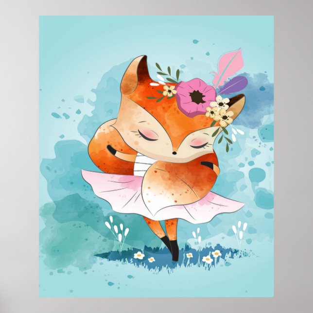 Cartoon Little Fox | Lovely Fox Floral Poster (Front)
