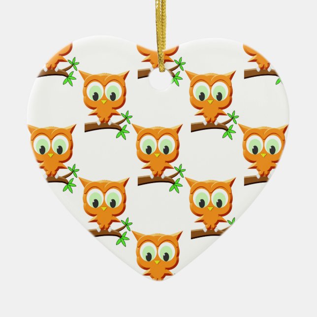Cartoon Little Owl On Branch Pattern Ceramic Ornament (Front)