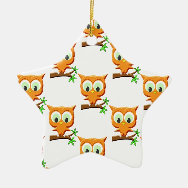Cartoon Little Owl On Branch Pattern Ceramic Ornament (Front)