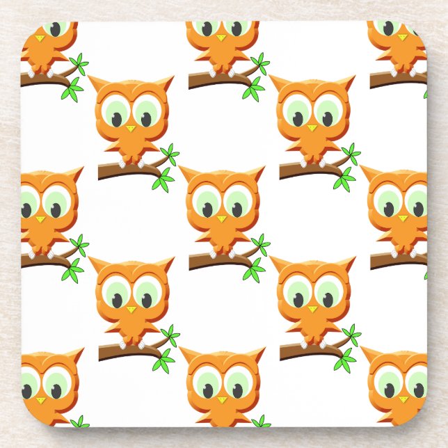 Cartoon Little Owl On Branch Pattern Drink Coaster (Front)
