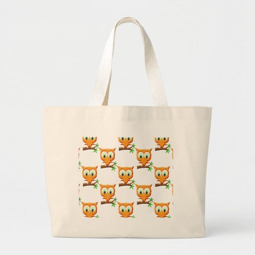 Cartoon Little Owl On Branch Pattern Large Tote Bag