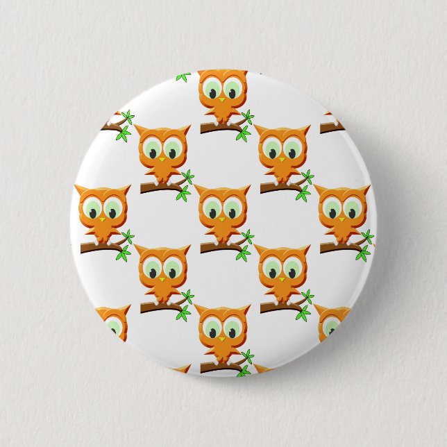 Cartoon Little Owl On Branch Pattern Pinback Button (Front)