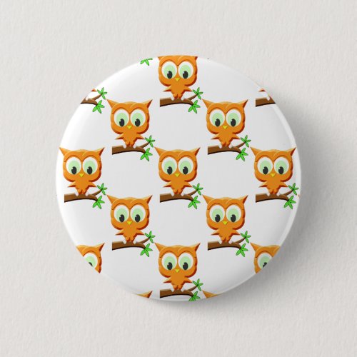 Cartoon Little Owl On Branch Pattern Pinback Button