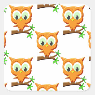 Cartoon Little Owl On Branch Pattern Square Sticker