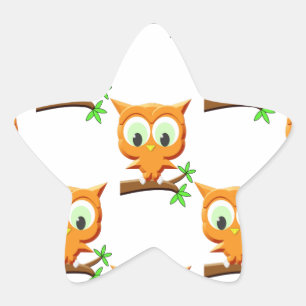Cartoon Little Owl On Branch Pattern Star Sticker