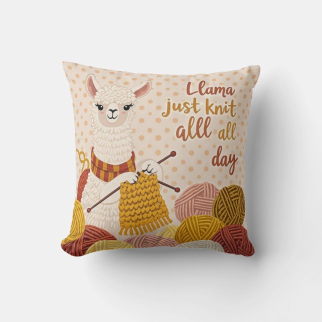 Cartoon llama wearing a knit scarf  throw pillow (Front)