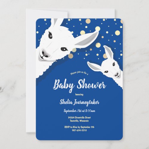 Cartoon Llama White Blue Yellow Dot Baby Shower Invitation