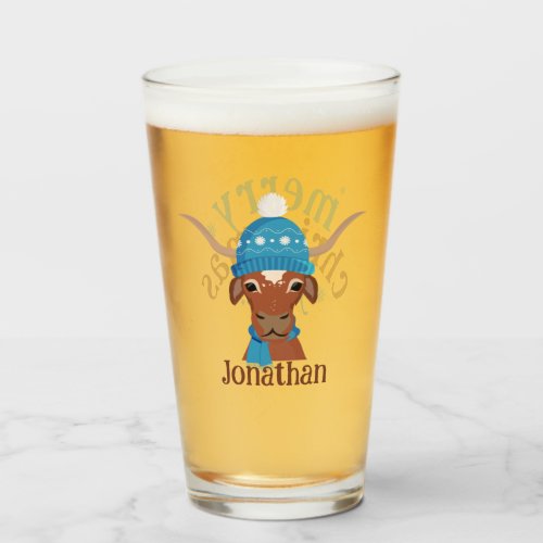 Cartoon Longhorn in Bright Blue Ski Cap and Scarf Glass