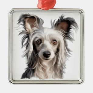 CARTOON LOOK POWDER PUFF CHINESE CRESTED DOG METAL ORNAMENT