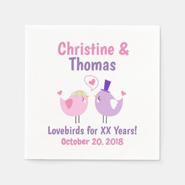 Cartoon Lovebirds Milestone Anniversary Napkins (Front)