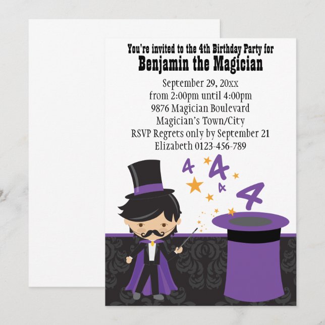 Cartoon Magician with Magic Hat 4th Birthday Invitation (Front/Back)