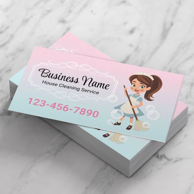 Cartoon Maid Cleaning Service Pastel Pink Blue Business Card (Creator Uploaded)