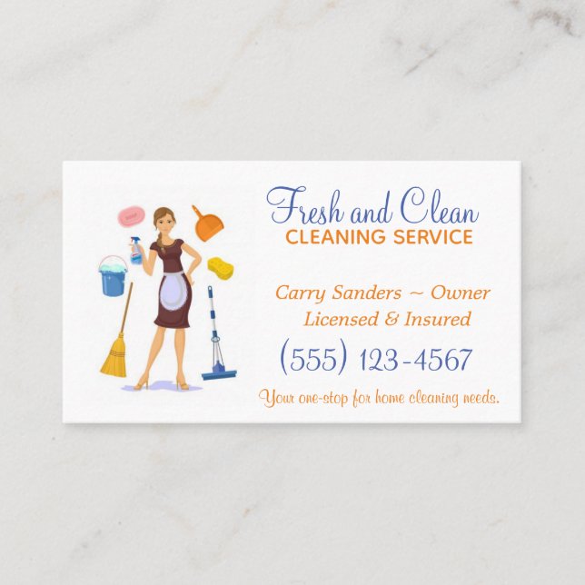 Cartoon Maid House Cleaning Service Business Card (Front)