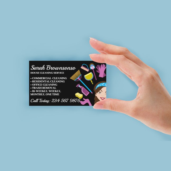 Cartoon Maid House Cleaning Service Business Card