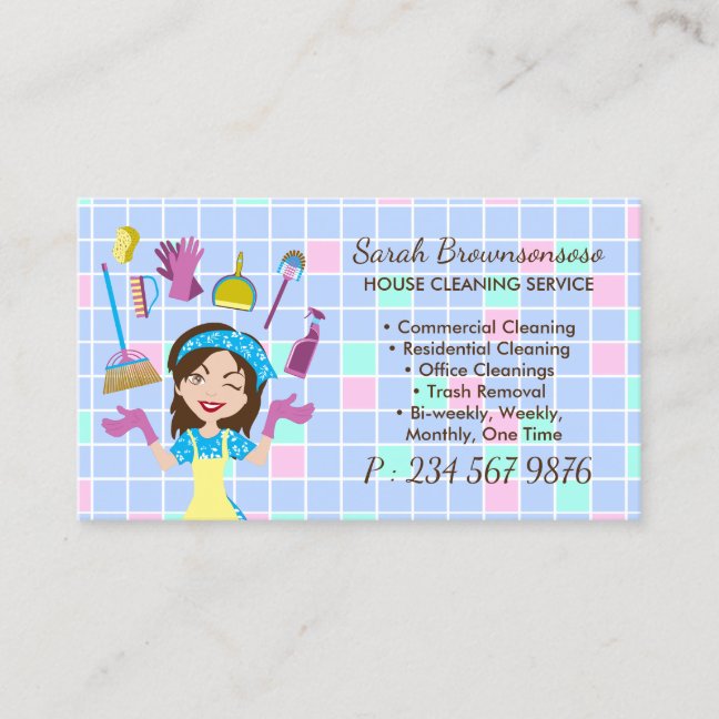 Cartoon Maid House Cleaning Service Tiles Home Business Card