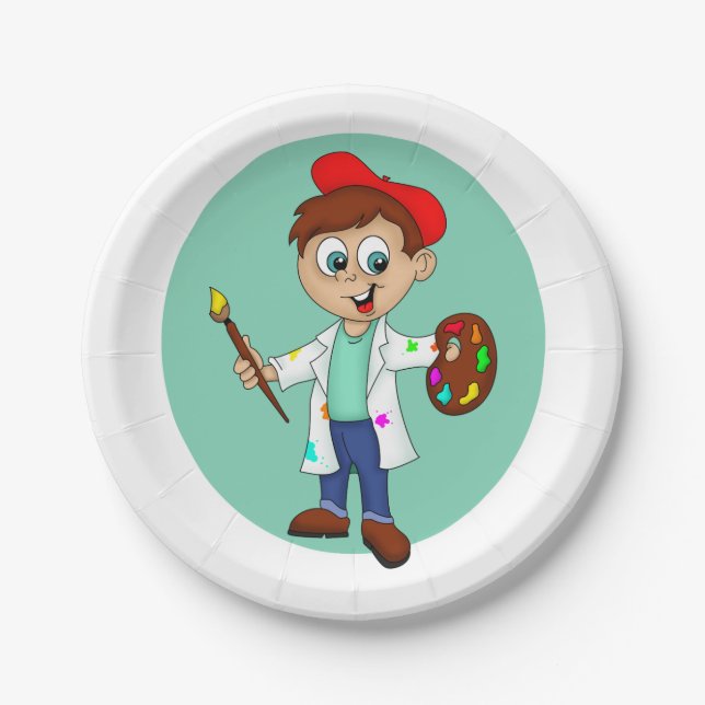 Cartoon Male Artist with a Brush and Palette Paper Plates (Front)
