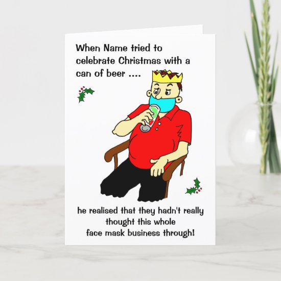 Cartoon Male Face Mask Beer Can Christmas Holiday Card