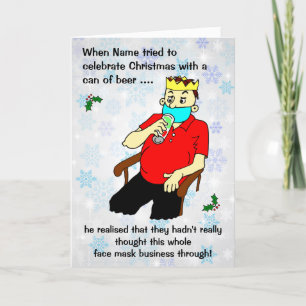 Cartoon Male Facemask Beer Can Snowflake Christmas Holiday Card
