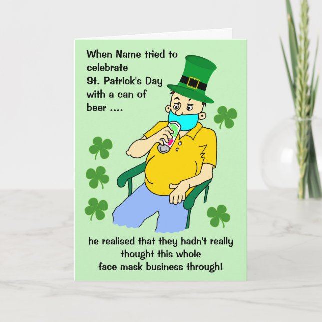 Cartoon Male Facemask Beer St Patricks Day Card (Front)