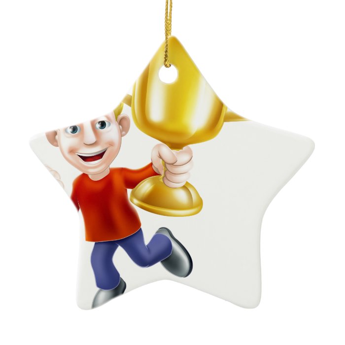 Cartoon man and winners trophy christmas tree ornaments