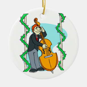 Cartoon man playing upright bass by backdrop ceramic ornament