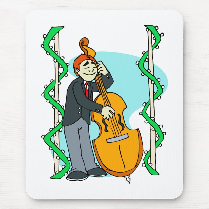 Cartoon man playing upright bass by backdrop mousepads