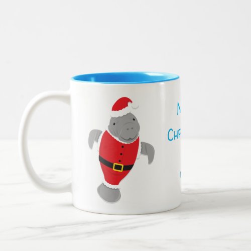 Cartoon Manatee Santa Merry Christmas Blue Name Two_Tone Coffee Mug