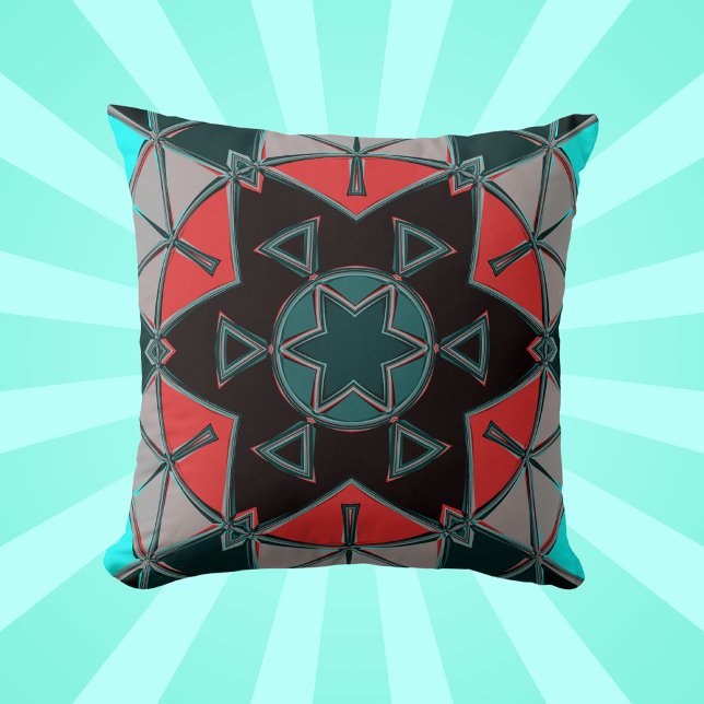 Cartoon Mandala Blue Red and Black Throw Pillow (Creator Uploaded)