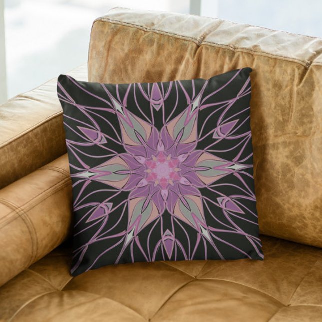 Cartoon Mandala Flower Black Purple an Pink Throw Pillow (Creator Uploaded)